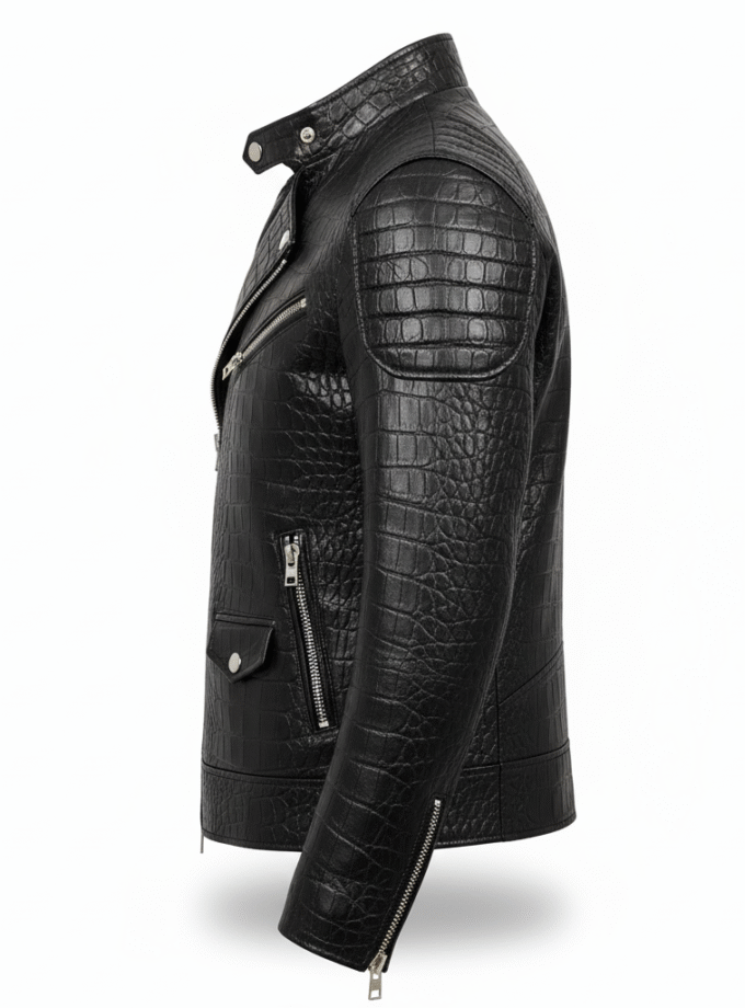 Men's Black Crocodile Skin Biker Jacket