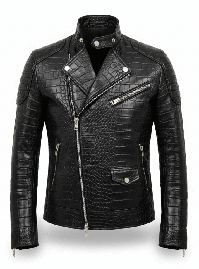 Men's Black Crocodile Skin Biker Jacket